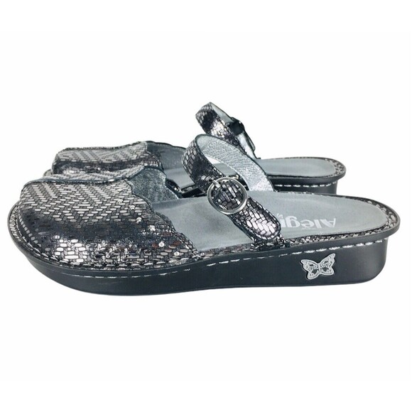 Alegria Metallic Silver Black Leather Mary Jane Slide Tuscany TUS-532 Size 36 - Picture 1 of 9